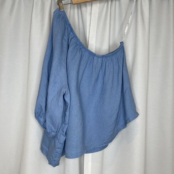 Seed Heritage Blue Linen One Shoulder Blouse Top Size 10 Asymmetric Casual Women - Picture 3 of 16